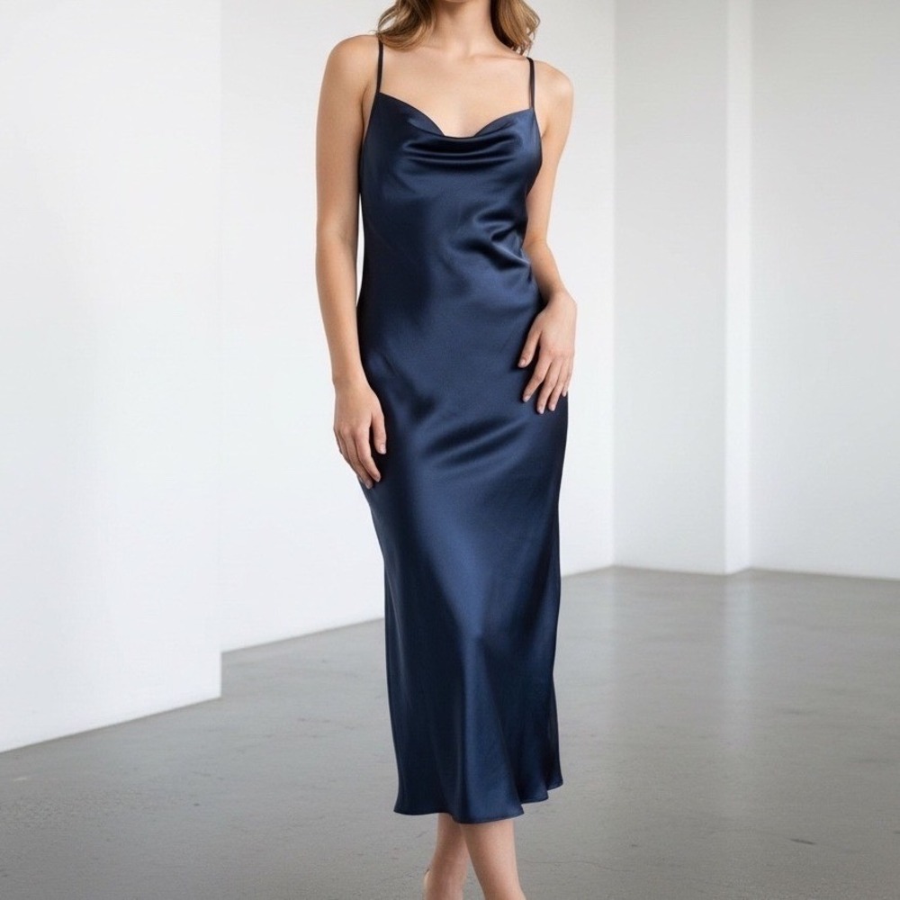 Vintage Y2K Bebe Satin Slip Dress L Blue Cowl Neck Chic Minimalist Wedding Guest